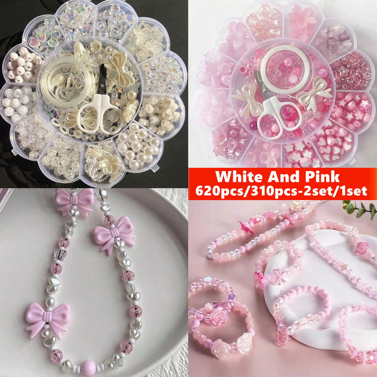 Bead Organizer Tray - 2セット/1セット 13グリッドアクリルフラワーボックスビーズ ピンクと白のフラワーシリーズルースビーズ、DIYハンドストリングシリーズ作成用