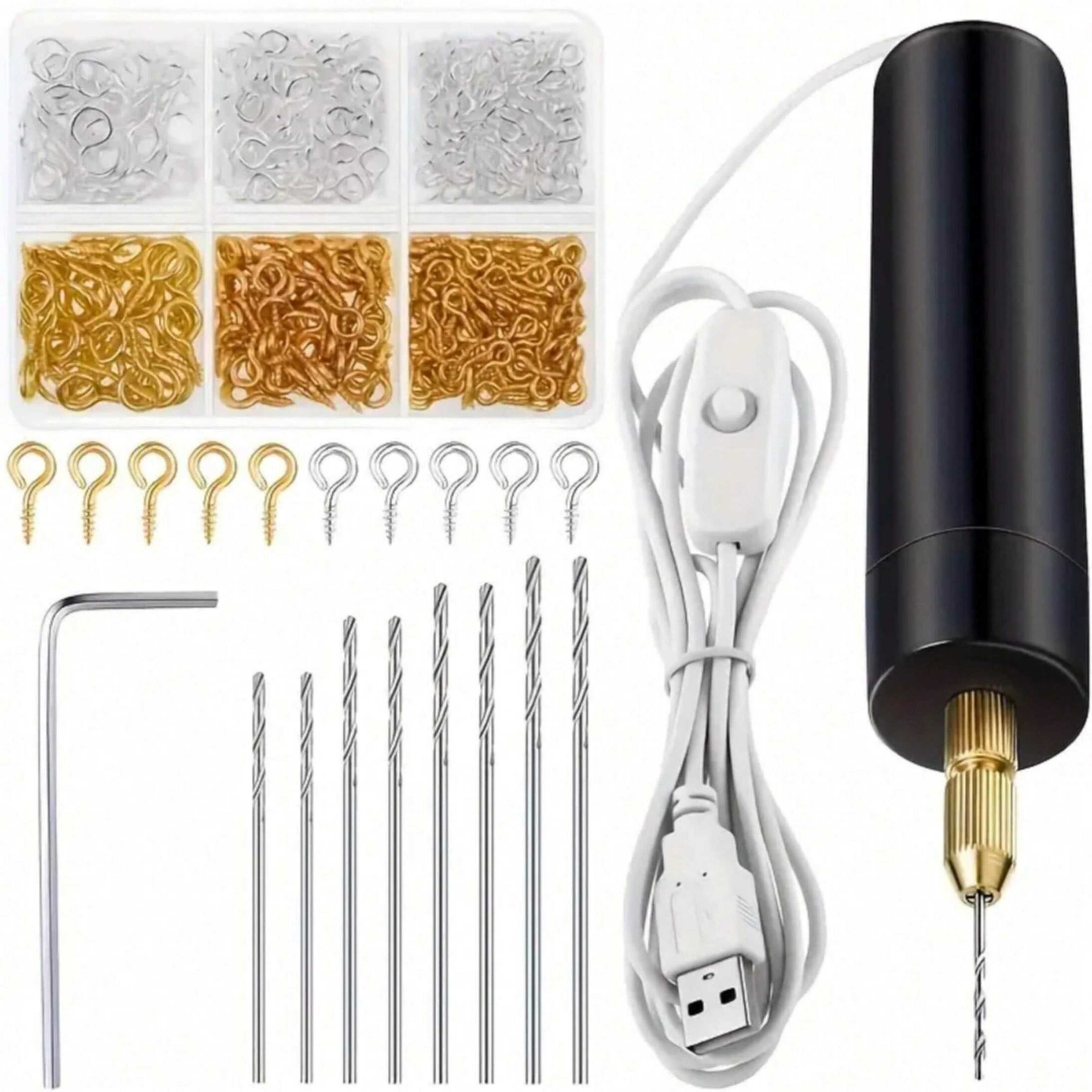 Jewelry Making Dc - 【ミニ電動ドリルセット】10個/110個/410個入り USB電源ミニ電動ドリルセット（ドリルビット付き）、レンチ付き電動ミニドリル、六角シャンクバイス、樹脂鋳造型、DIYキーホルダー、クラフト製作、樹脂、プラスチック、木材、ポリマー粘土、ジュエリー、キーホルダーペンダント作成に最適、さまざまなニーズに対応する3つの異なる組み合わせ