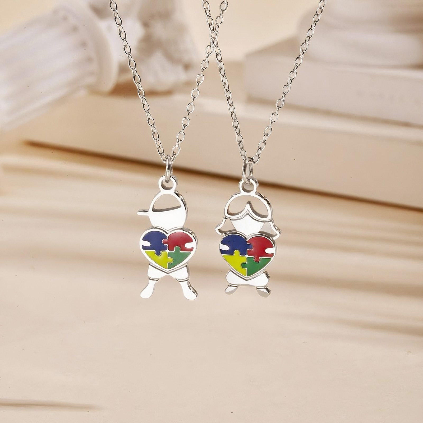 Jewelry Making Game - ステンレス鋼ジュエリーハートパズル少年少女形ペンダントネックレス自閉症啓発シルバーカラーのチェーンネックレス女性のための