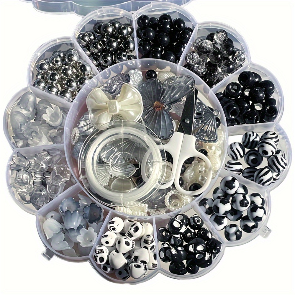Bead Organizer Tray - 13グリッド 120g ランダムフラワーボックスビーズ アクリル製 黒白AB玉 七色玉シリーズ