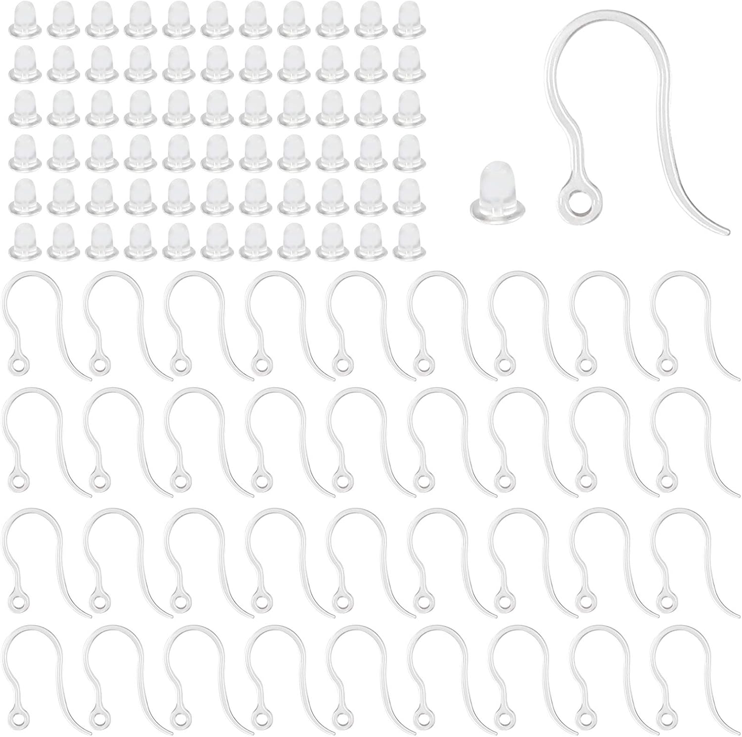 Jewelry Making Essentials - 40個の透明なプラスチック製イヤリングフック、ループ付きイヤーワイヤー、透明なイヤリングストッパー付きフレンチフィッシュフック、DIYジュエリー製作用