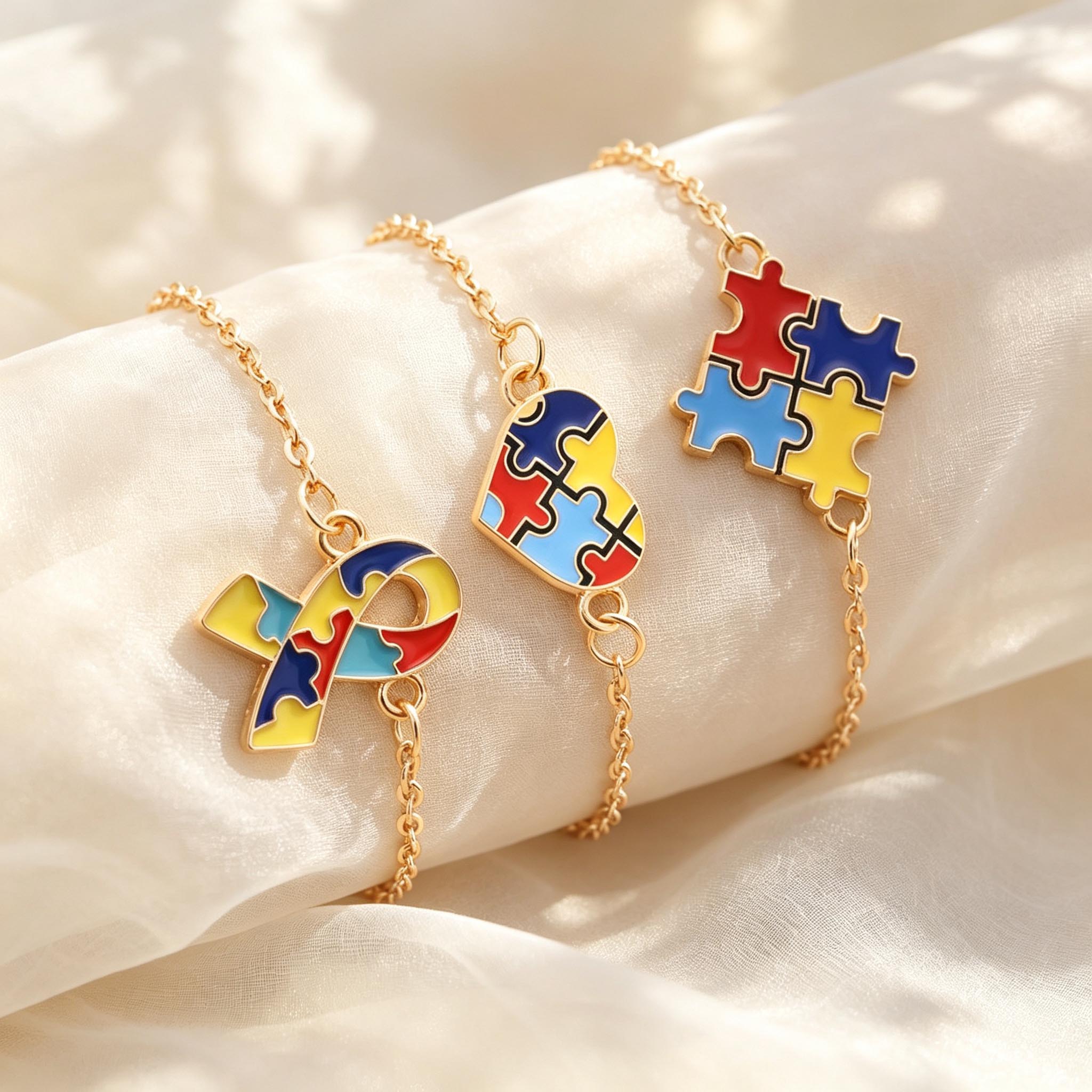 Jewelry Making Game - 3個入り自閉症啓発医療警告ブレスレットセット、自閉症パズルハートチャーム調整可能ブレスレット、自閉症患者用ジュエリー